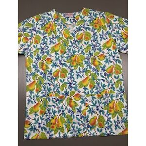 fashion scrubs women's scrub top size large v neck fruit trees and berries new